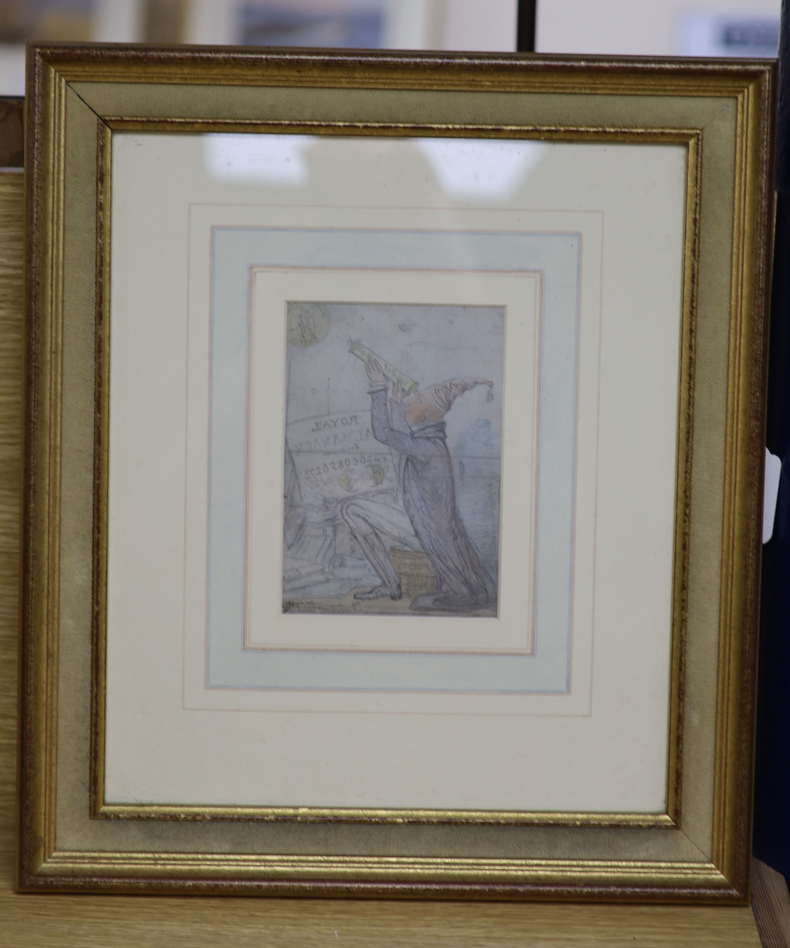 Isaac Robert Cruikshank (1789-1856), pencil and watercolour, 'George III looking at the moon' 15 x 10.5cm, signed in pencil
